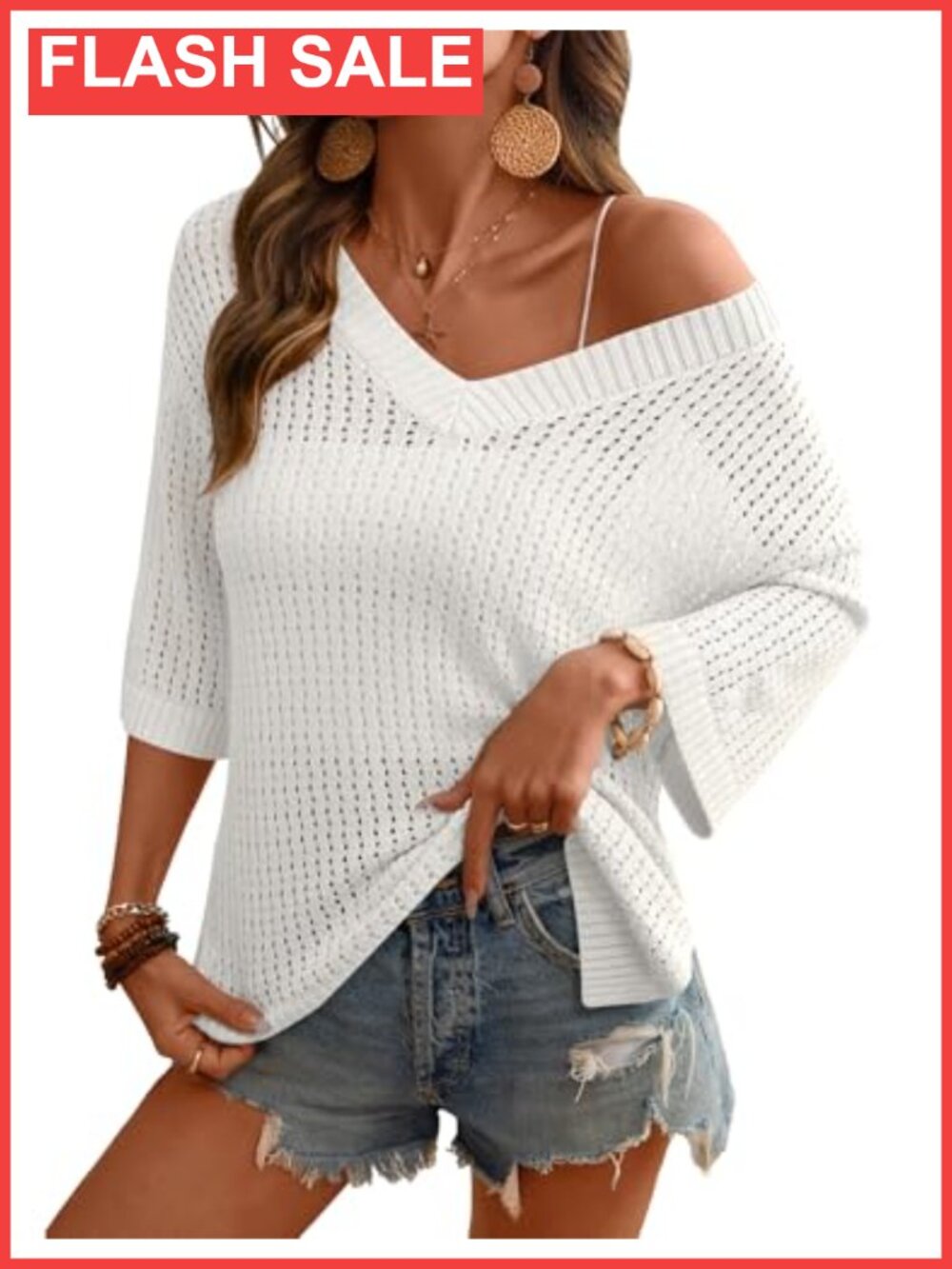 Crochet V Neck 3/4 Sleeve Knitted Pullover Sweater